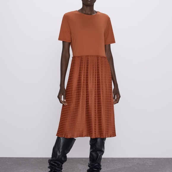 orange pleated midi dress